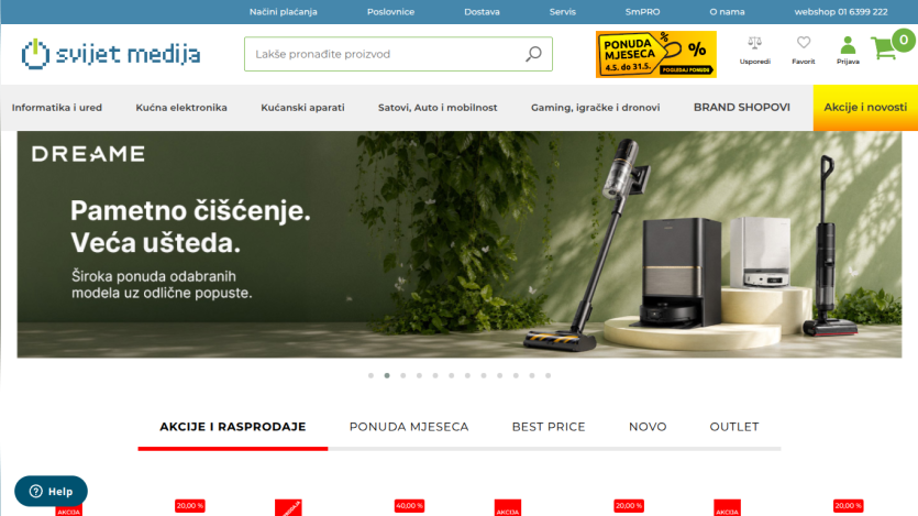 Homepage of Svijet Medija featuring a vacuum cleaner promotion and navigation options.