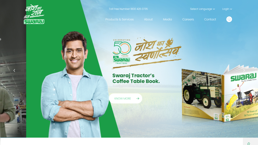 Swaraj Tractors 50 years celebration with coffee table book promotion and navigation menu.