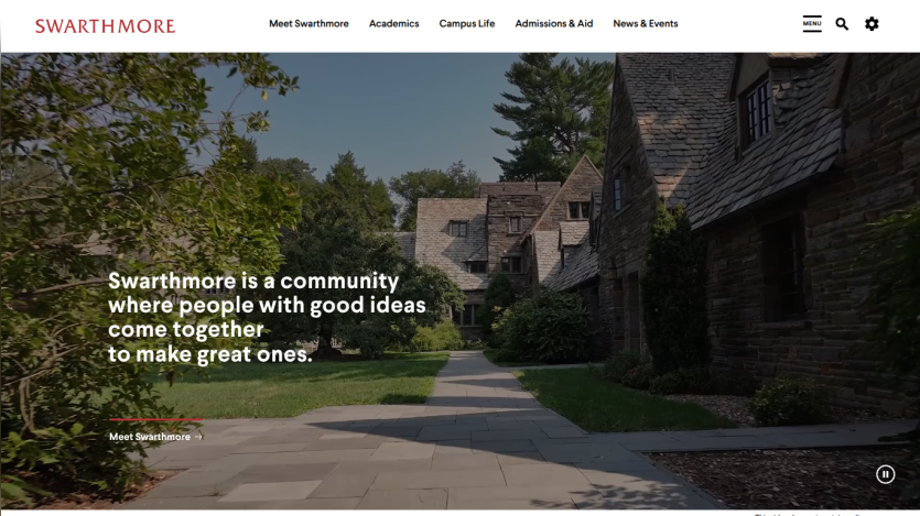 Swarthmore College homepage featuring a pathway and text about community and ideas.