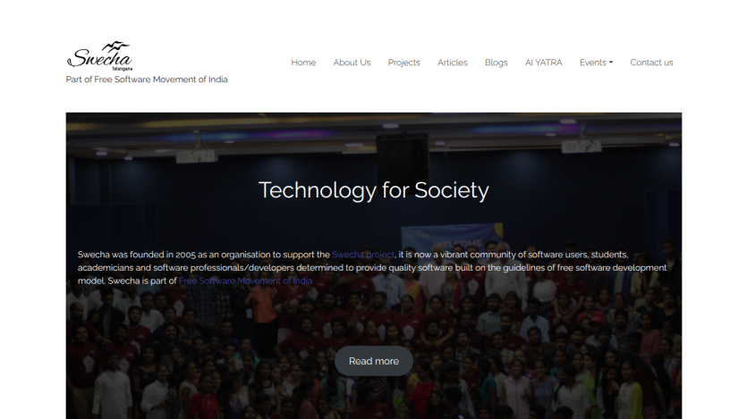 Homepage of Senapathy Foundation showing 'Technology for Society' with navigation menu and a crowd background image