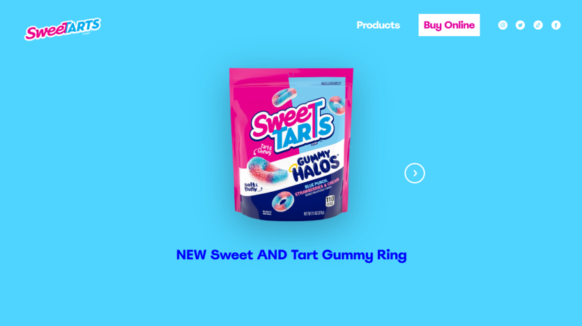 SweetTARTS homepage featuring new Sweet AND Tart Gummy Ring product with buy online option