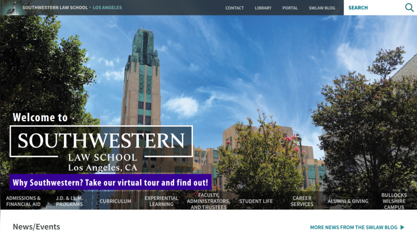 Southwestern Law School homepage with a welcome message, navigation menu, and a call to take a virtual tour