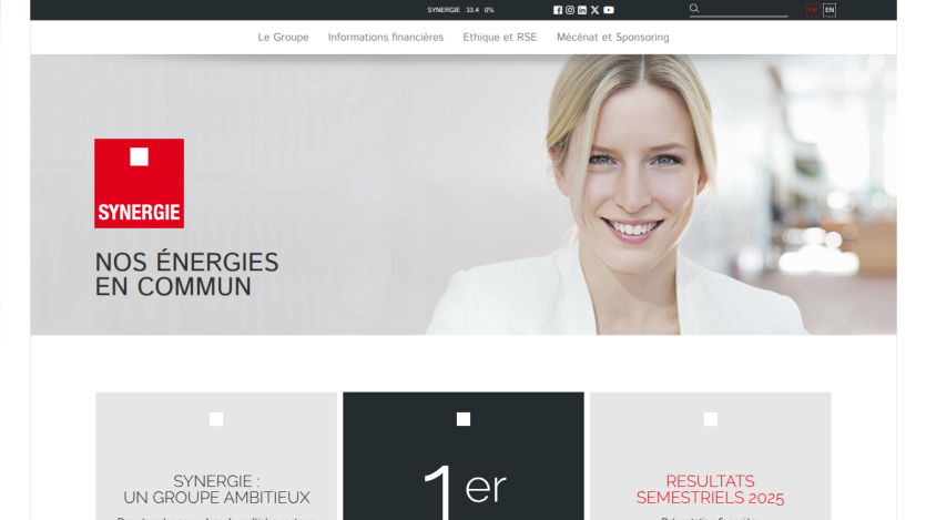 Synergie company homepage with navigation links and slogan 'Nos énergies en commun' alongside a smiling woman