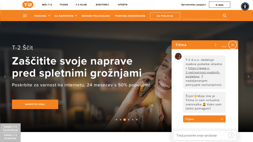 T-2 website offering internet security with 50% discount for 24 months, featuring a smiling woman on phone and chat assistant
