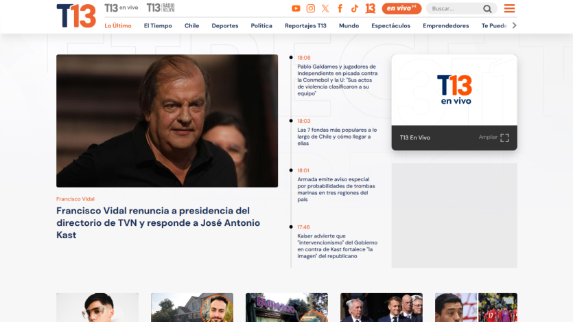 News article about Francisco Vidal resigning from T13, with images and navigation present.