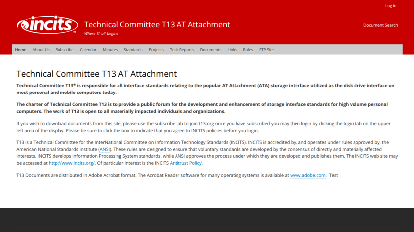 Technical Committee T13 AT Attachment page describing interface standards for ATA storage on personal and mobile computers