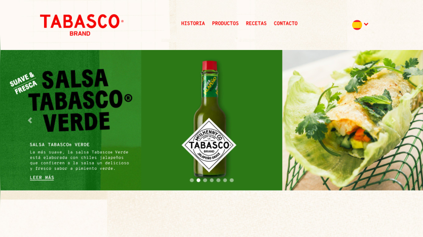 Tabasco brand showcasing Salsa Tabasco Verde with a bottle and food image.