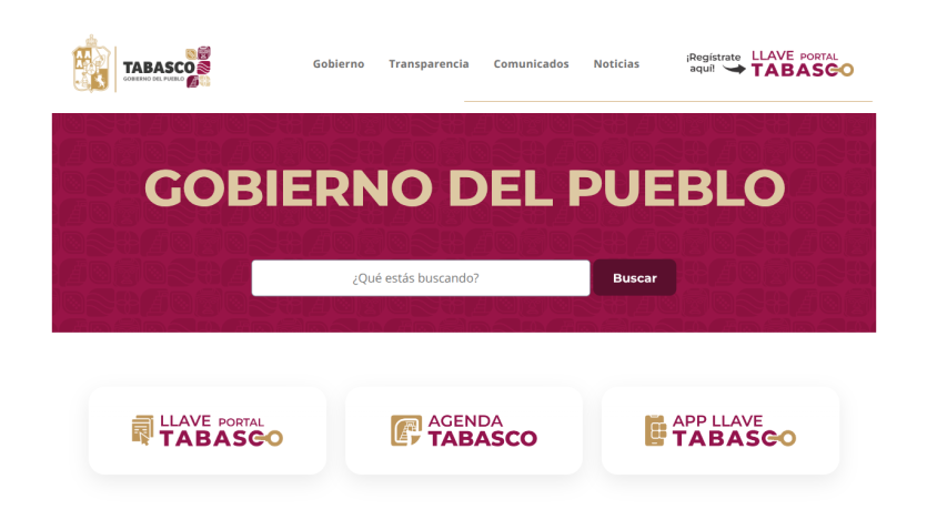 Homepage of Gobierno del Pueblo with search bar and navigation options.