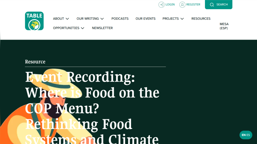 Website header with navigation and an event recording titled 'Where is Food on the COP Menu? Rethinking Food Systems and Climate'