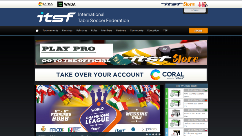 International Table Soccer Federation homepage with navigation, event banner for World Champions League in Messine Italy Feb 2026, and upcoming ITSF World Tour events