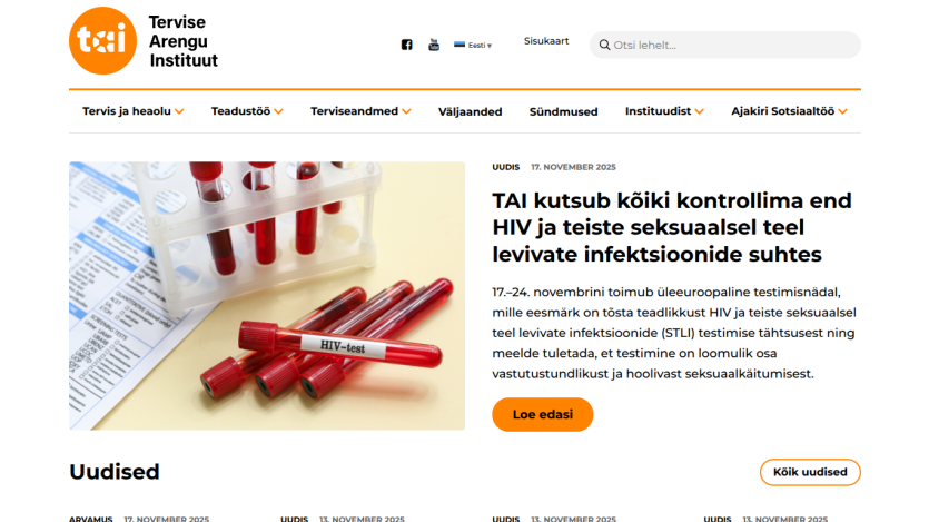 Health institute website promoting HIV and STI testing awareness with news and navigation menu