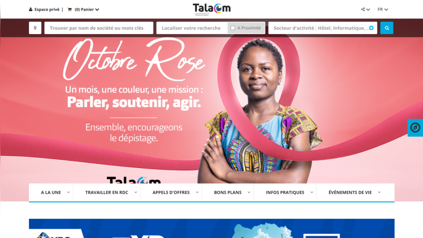 Website promoting October Rose breast cancer awareness with a woman and a pink ribbon, plus search bar and navigation menu