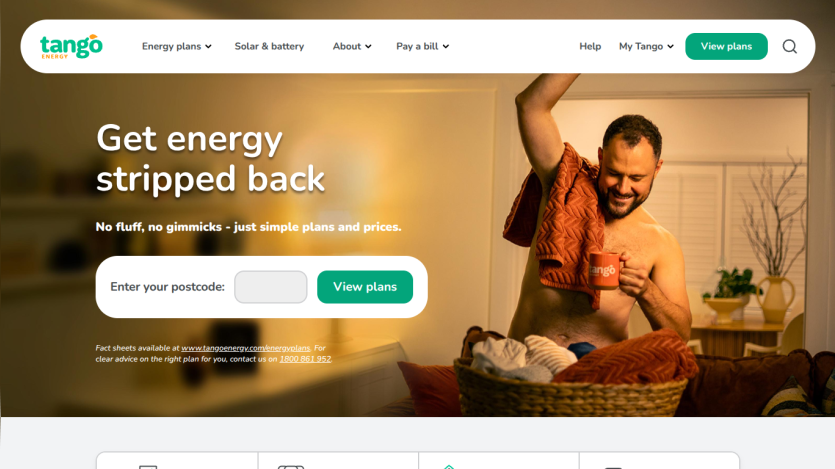 Tango Energy homepage with headline 'Get energy stripped back' and a postcode entry form to view plans