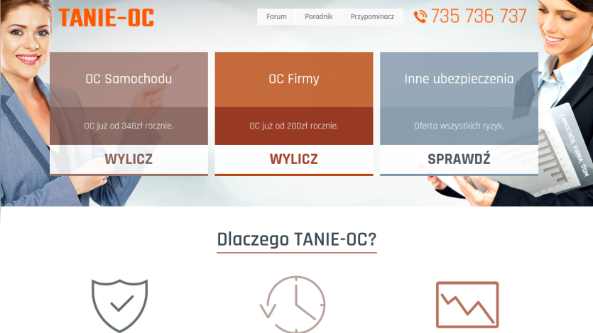 Insurance service homepage with options for car and business insurance, contact number displayed.