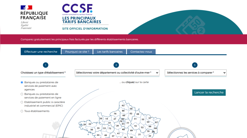 Official site for banking services in France, featuring a search bar and regional map.