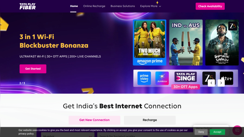 Website homepage offering 3-in-1 Wi-Fi plans with a call to action to get started and promotions for internet connection in India
