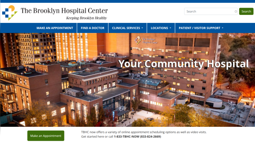 The Brooklyn Hospital Center homepage with navigation and a call to make an appointment, featuring a hospital building image and contact info.