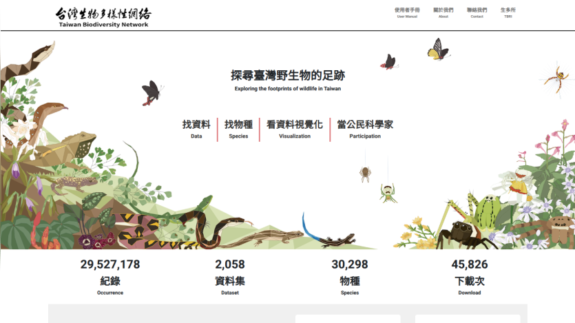 Taiwan Biodiversity Network homepage showing wildlife data, species, visualization, and participation stats