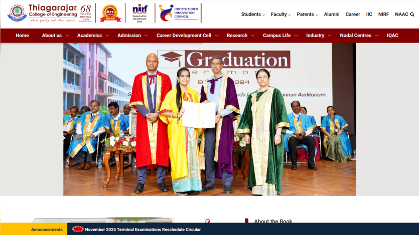 Thiagarajar College of Engineering website header with navigation and hero image of graduation ceremony