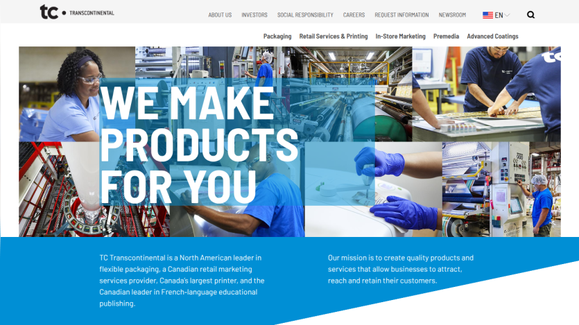 TC Transcontinental homepage with navigation and hero section stating 'We make products for you' and company mission statements