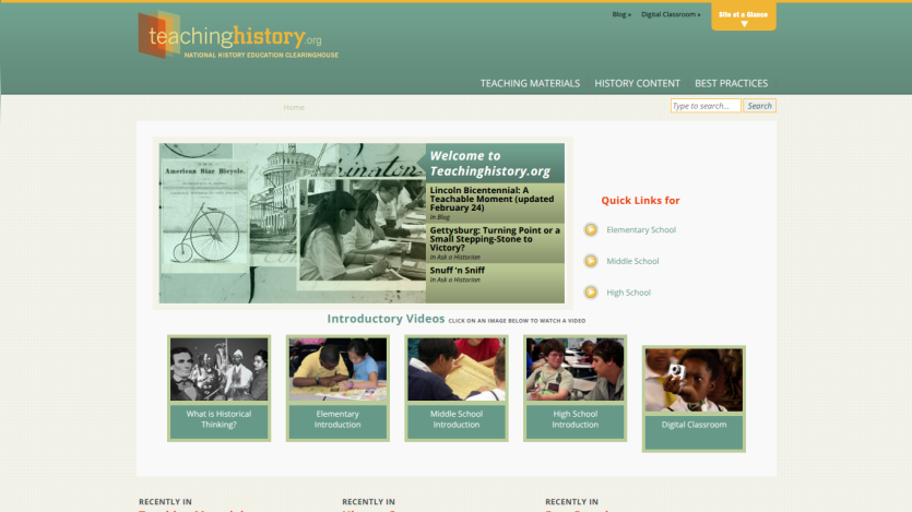 Teachinghistory.org homepage with navigation, welcome message, quick links for school levels, and introductory videos