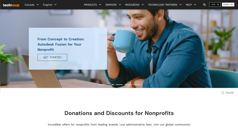 Homepage featuring a man with a mug, promoting donations for nonprofits.