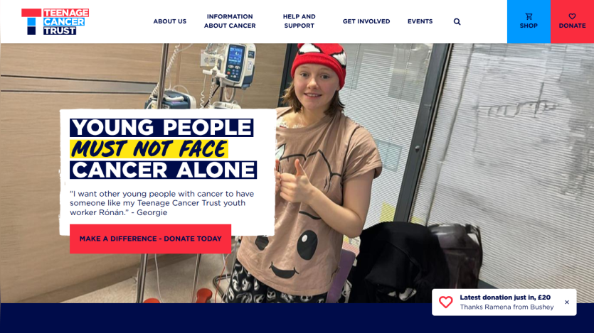 Homepage promoting support for young people facing cancer, featuring a young person and a call to action.
