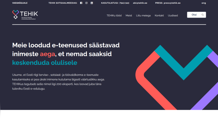 TEHIK homepage highlighting e-services saving people's time to focus on important matters with expert team info