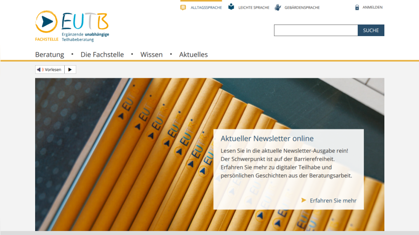 Website header with navigation and a newsletter section highlighting digital participation and accessibility focus