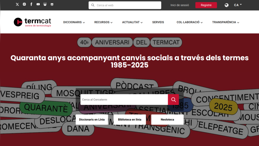 Termcat homepage celebrating 40 years with search bar and links to online dictionaries, library, and neologisms