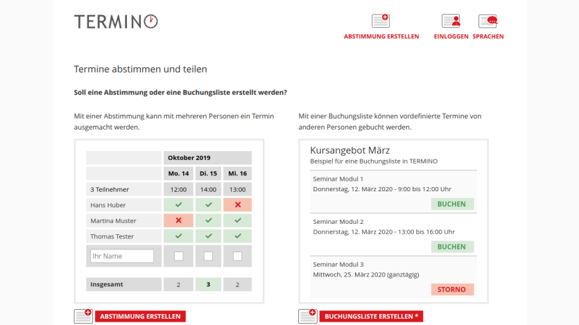 TERMINO website for scheduling and sharing appointments with voting and booking list options in German