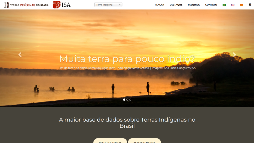 Website about Indigenous lands in Brazil showing headline about Indigenous lands occupying 13% of national territory and database access buttons.