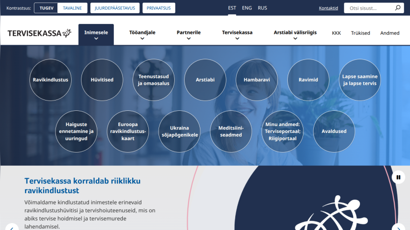 Tervisekassa homepage with navigation menu and information about state health insurance services