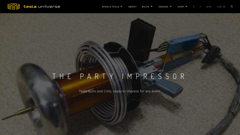 Tesla Universe homepage featuring a Tesla coil device with headline 'The Party Impresor' and subtext about Tesla Guns and Coils