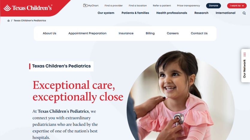 Homepage of Texas Children's Pediatrics highlighting exceptional care with a smiling child and healthcare professional.