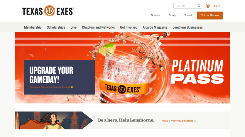 Texas Exes website promoting Platinum Pass with navigation links and donation options