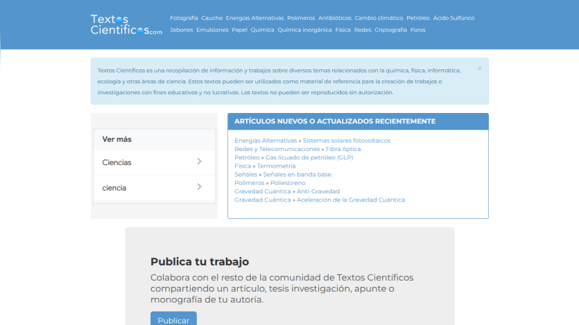 Homepage of Textos Científicos featuring recent articles and submission options.
