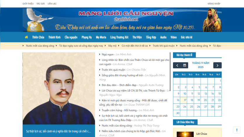 Religious website with navigation menu, a portrait, article list, and a calendar for November 2025