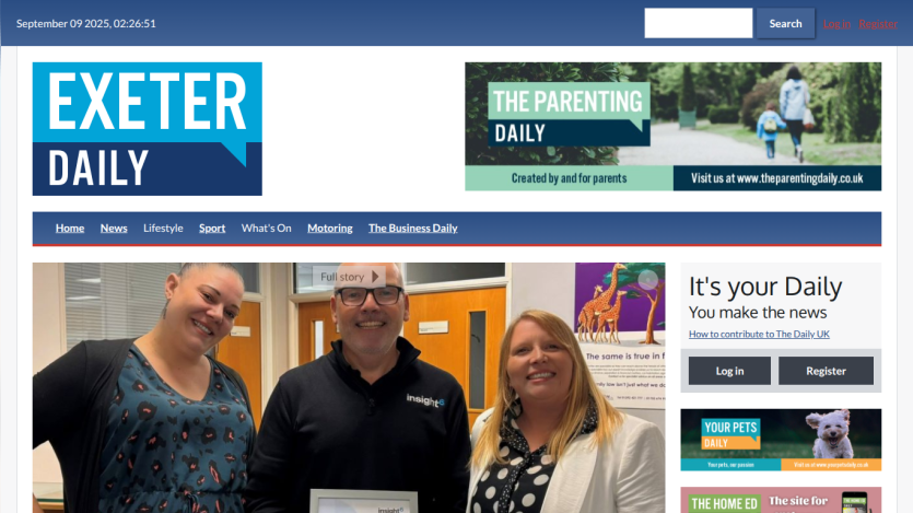 Homepage of Exeter Daily featuring news highlights and a photo of three people.