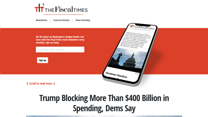 Homepage of The Fiscal Times featuring a headline about Trump and spending.