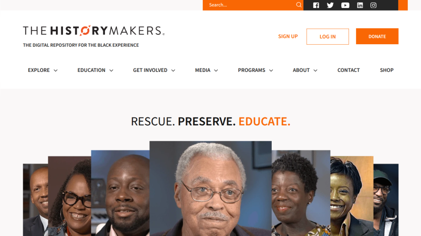 Homepage of The HistoryMakers featuring the tagline 'Rescue. Preserve. Educate.' and navigation options.