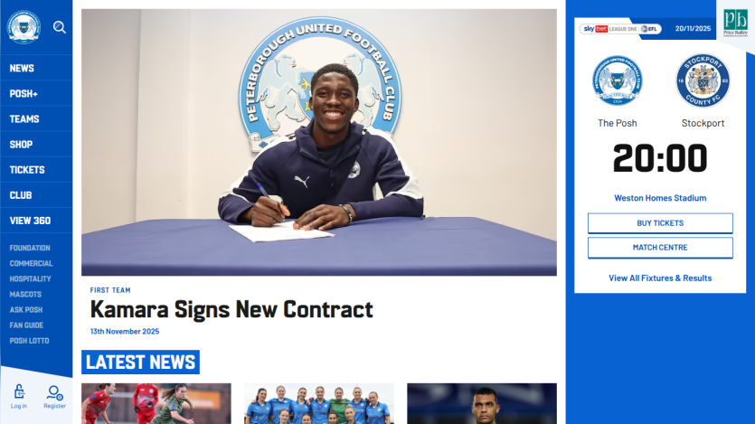 Peterborough United FC website showing player Kamara signing a new contract and upcoming match details