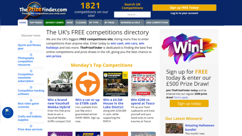 ThePrizeFinder homepage showing free UK competitions directory, Monday's top competitions, and sign-up for £500 prize draw