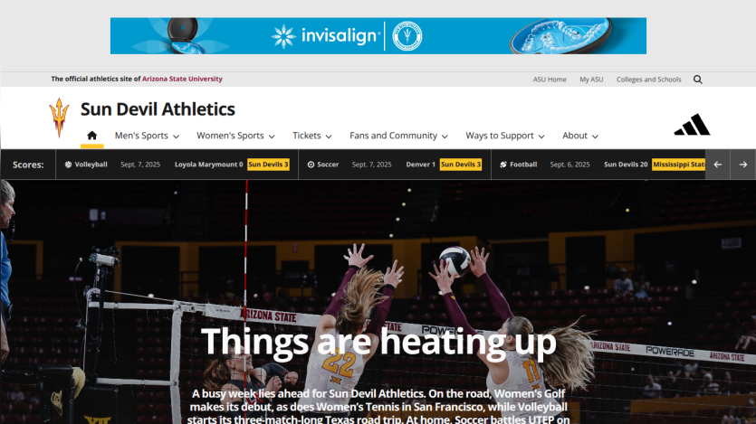 Sun Devil Athletics homepage featuring volleyball players with the headline 'Things are heating up.'