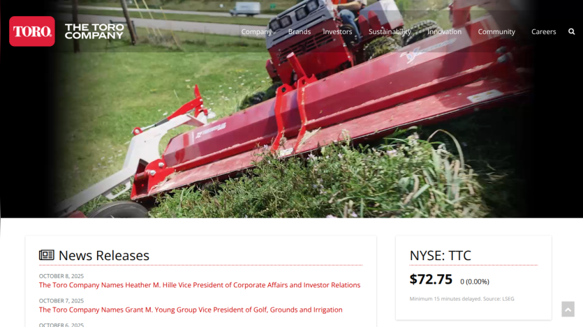 The Toro Company website showing a large red mower on grass, with navigation and news releases section including stock price.