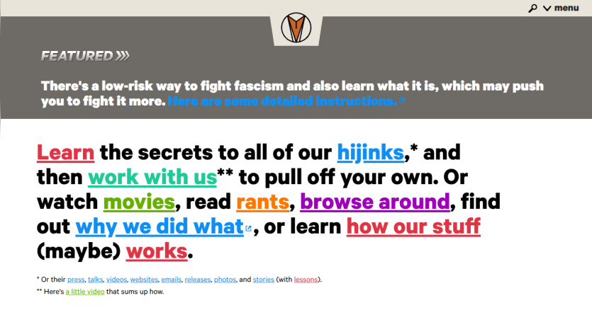 Website header with featured message about fighting fascism and links to learn secrets, watch movies, read rants, and more.