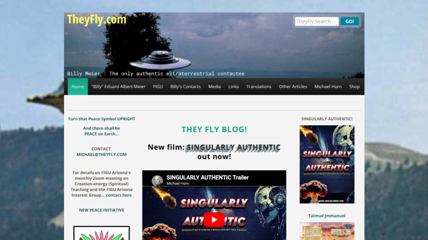 Homepage of TheyFly.com featuring a UFO image and links to blog and new film trailer.