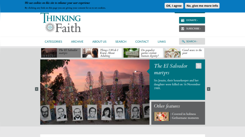 Thinking Faith website with navigation links and a feature on El Salvador martyrs including an image and description