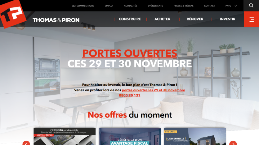 Thomas & Piron real estate site promoting open house event on Nov 29-30 with current offers and contact info