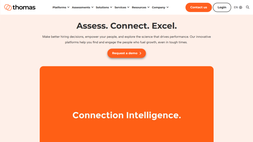 Thomas homepage with headline Assess. Connect. Excel. and a call to action button Request a demo